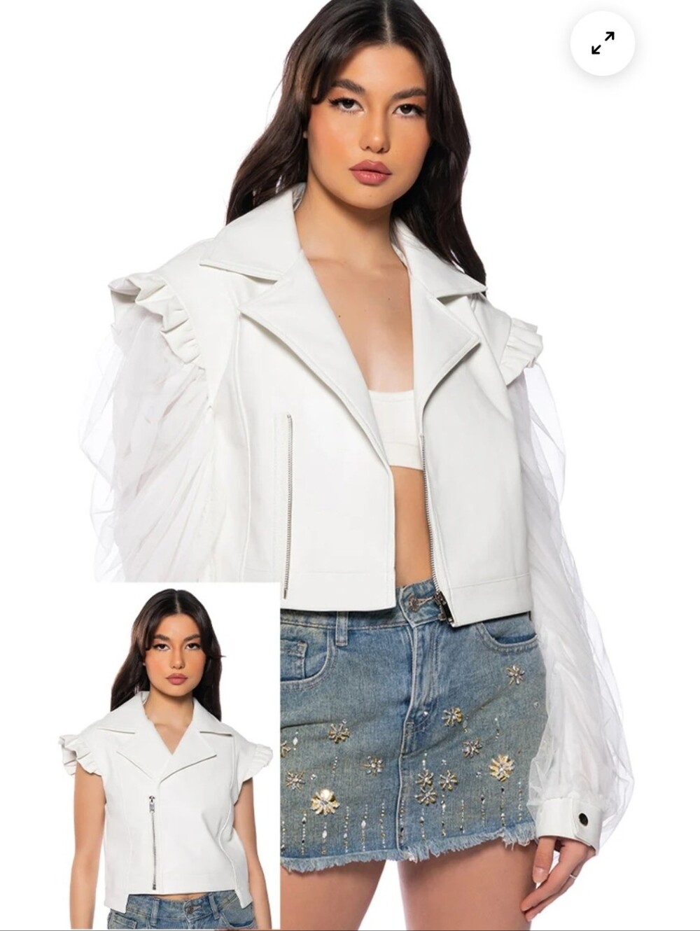 White Sheer-Sleeve Cropped Moto Jacket
